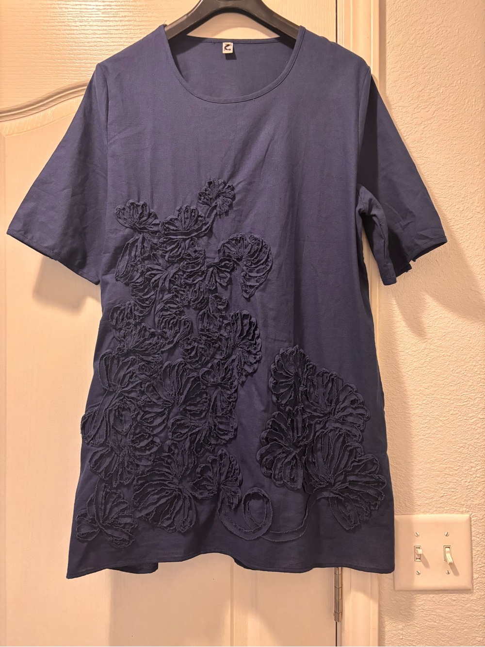 Navy Floral Appliqué Tunic/Mini Dress • Artsy Lagenlook Pocket Dress Size L - Picture 7 of 9